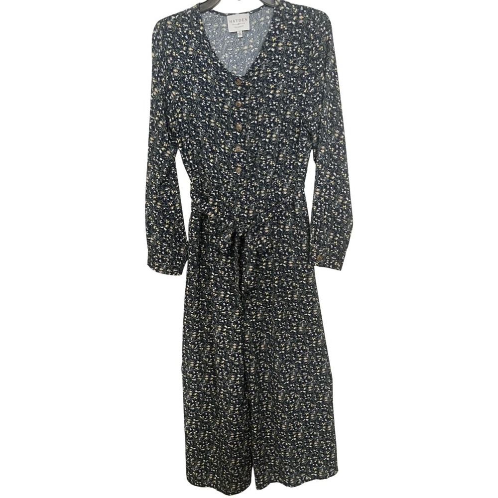 Hayden Los Angeles Floral Long Sleeve Jumpsuit Navy‎ Blue Wide Leg Size Medium